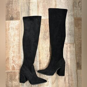 LIKE NEW STEVE MADDEN BLACK WOMENS SQUARE HEEL FAUX SUEDE KNEE-HIGH BOOTS
